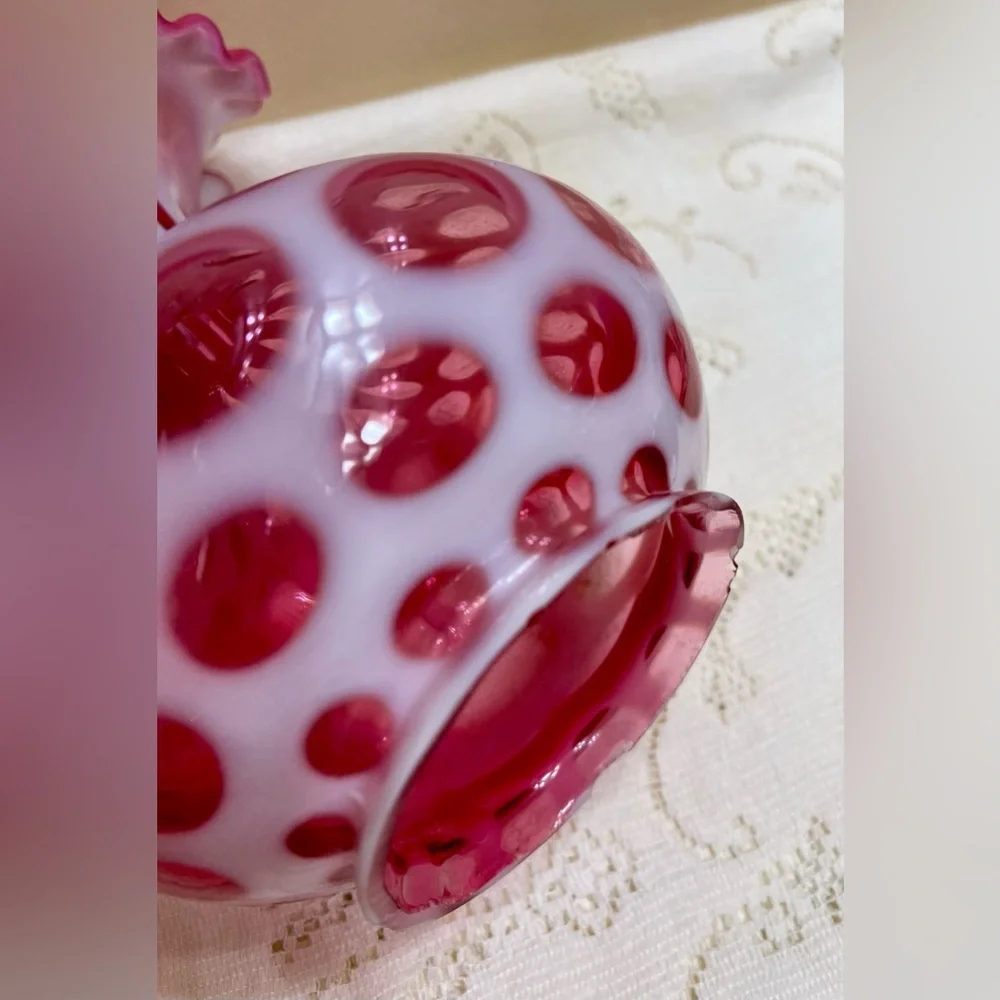 Vintage Fenton Opalescent Coin Dot Cranberry Boudoir Glass Lamp Light PAIR Marbl - Picture 14 of 16